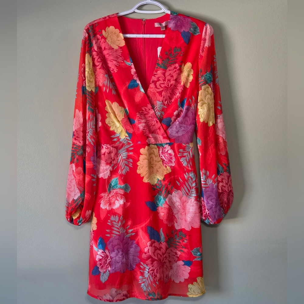 NWT Guess Red Floral Sheer Long Sleeve Tie Back Shimmery Dress Size 8